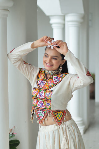 Off White Cotton Kutchi Gamthi Work With Gota Patti Lace Touch up Navratri Designer Lehenga choli