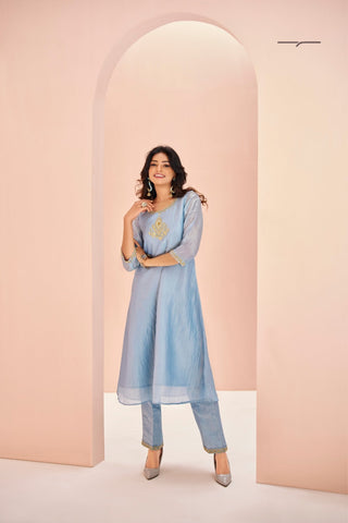 Teal Aura Hand Embroidered Organza Co Ord Set