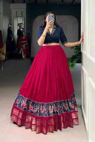 Ready-to-Wear Zari Woven Poly-Cotton Lehenga with Hand-Embroidered Cotton Blouse
