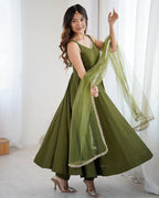Mehndi Color Chanderi Pure Roman Silk Anarkali Suit