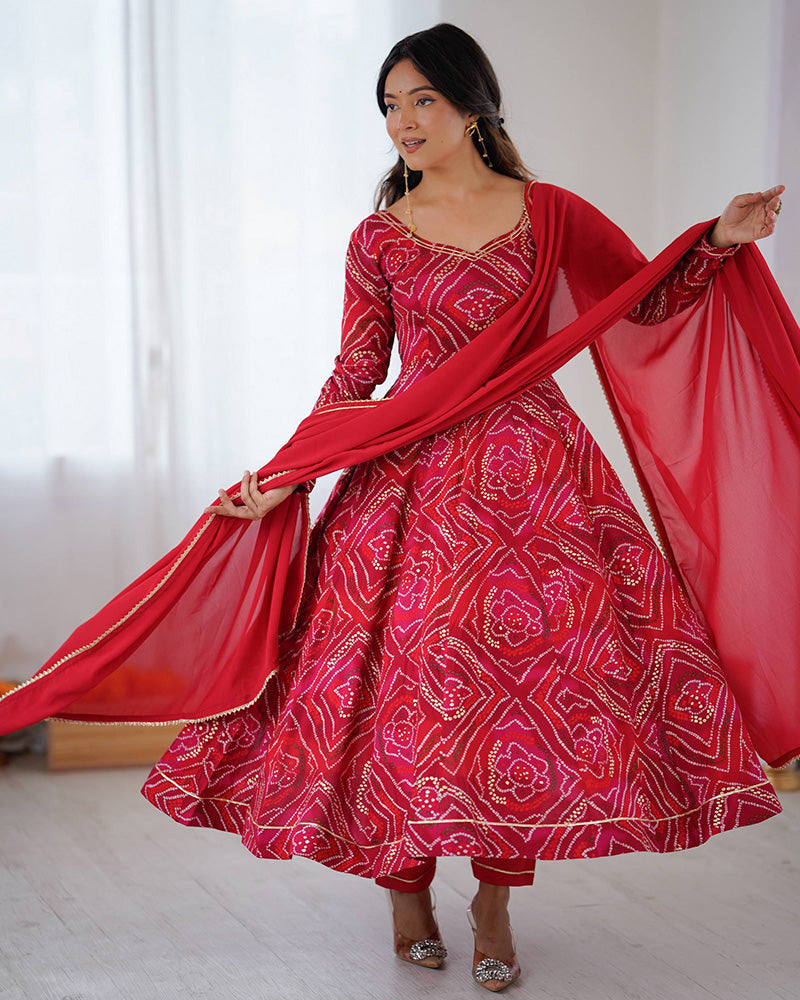 Dark Rani Pink Color Viscose Rayon Bandhej Print Anarkali Suit