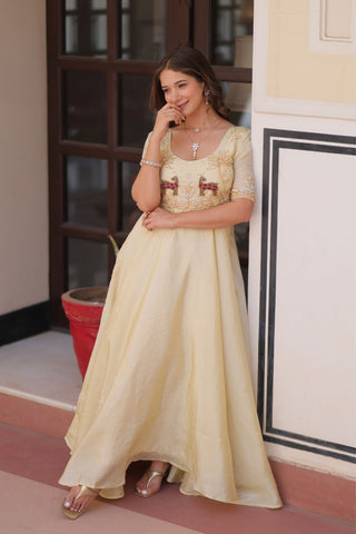 Gold Crush Beads Embroidered Work Crafted Designer Gown