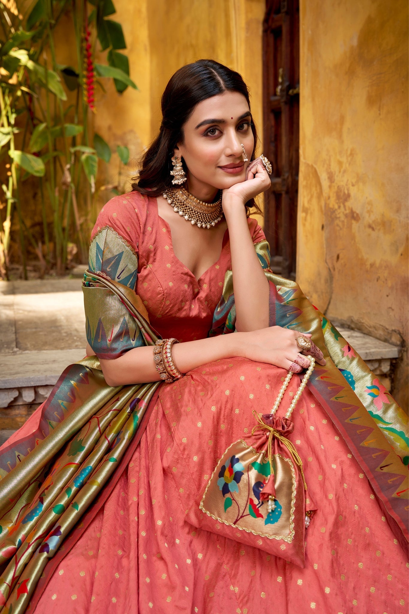 Designer Silk Paithani Lehenga Choli Set With Zari Weaving