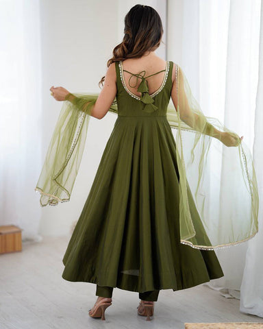 Mehndi Color Chanderi Pure Roman Silk Anarkali Suit