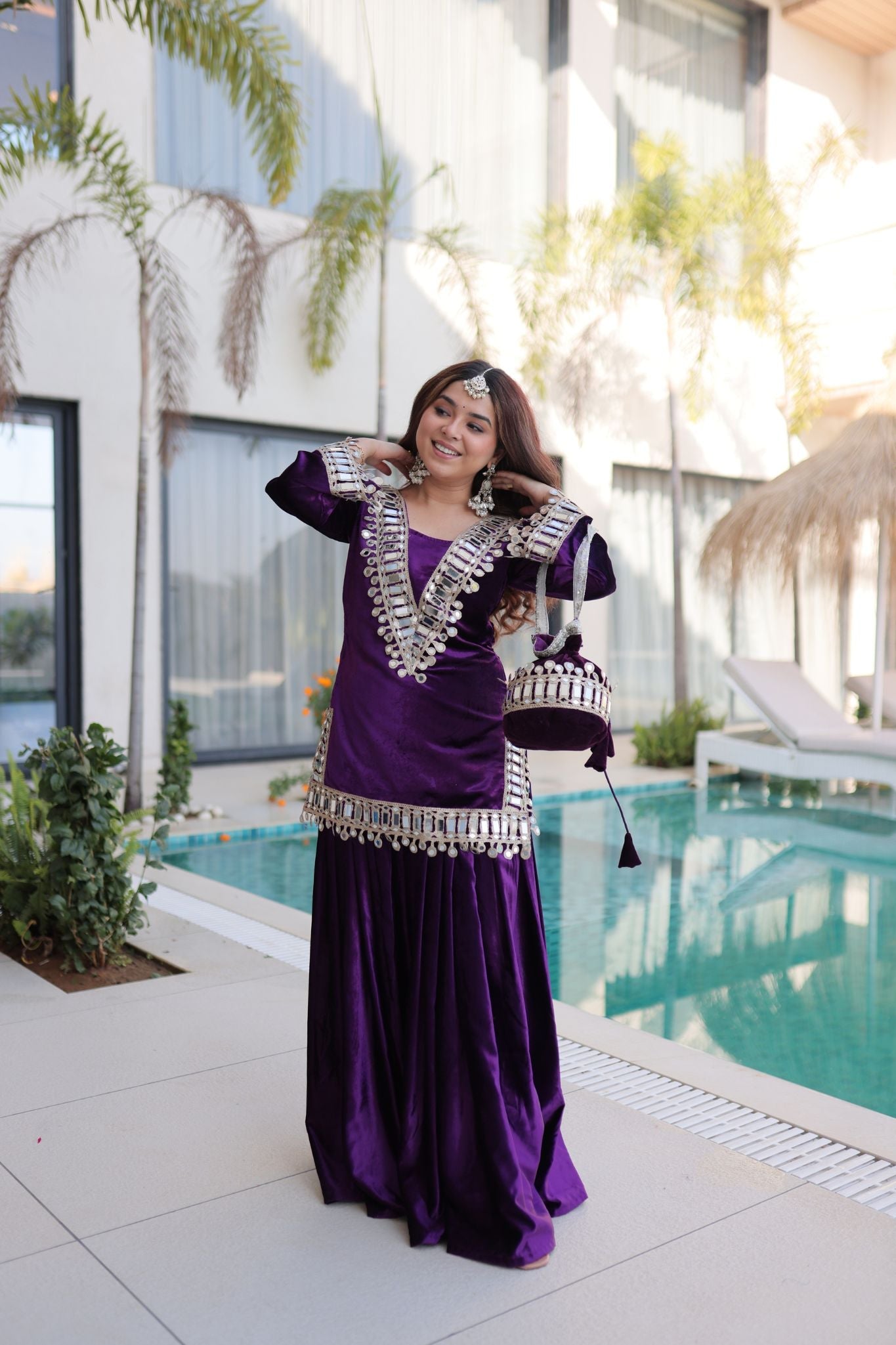 Royal Ice Velvet Zari And Mirror Embroidered Luxury Co Ord Set With Batwa