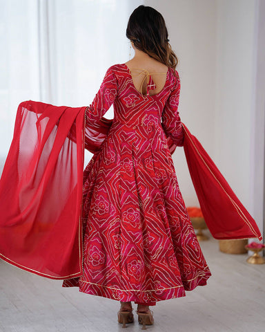 Dark Rani Pink Color Viscose Rayon Bandhej Print Anarkali Suit