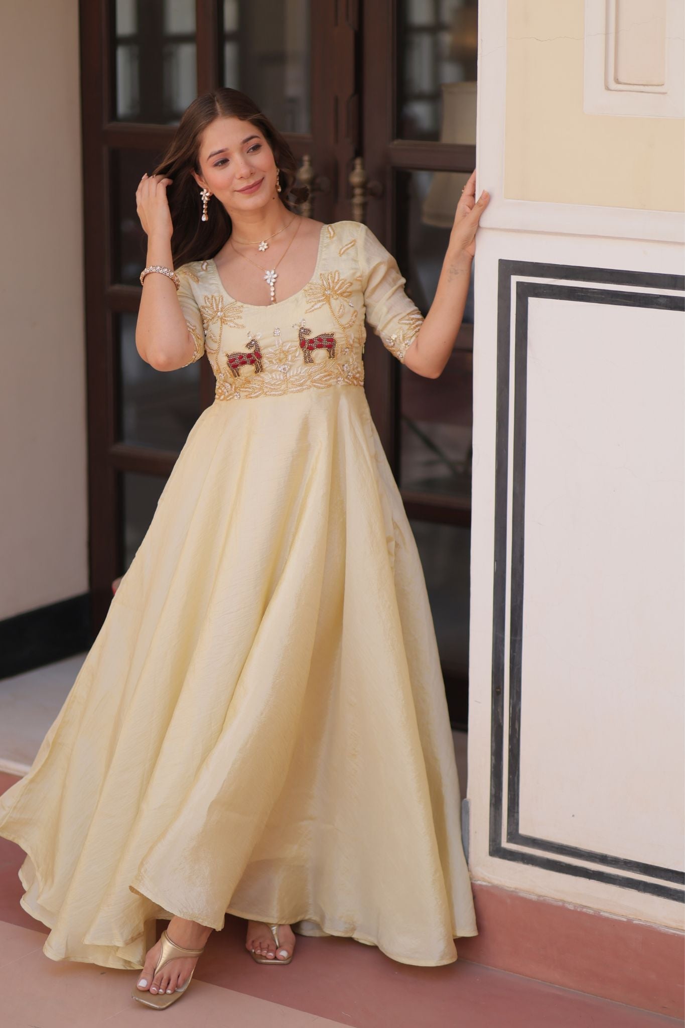 Gold Crush Beads Embroidered Work Crafted Designer Gown