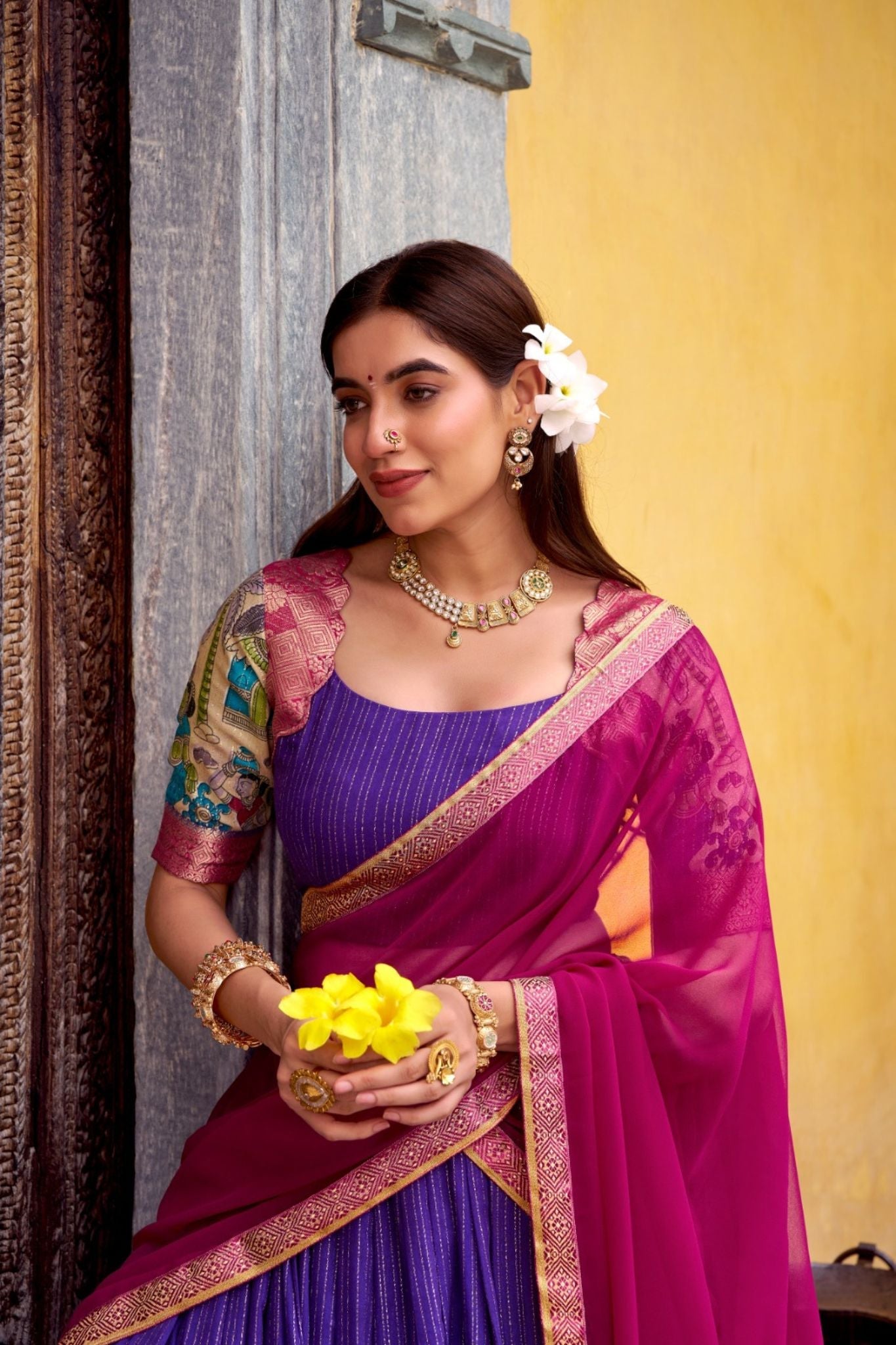 Poly Chanderi Kalamkari Printed Zari Weaving Work Premium Lehenga Choli