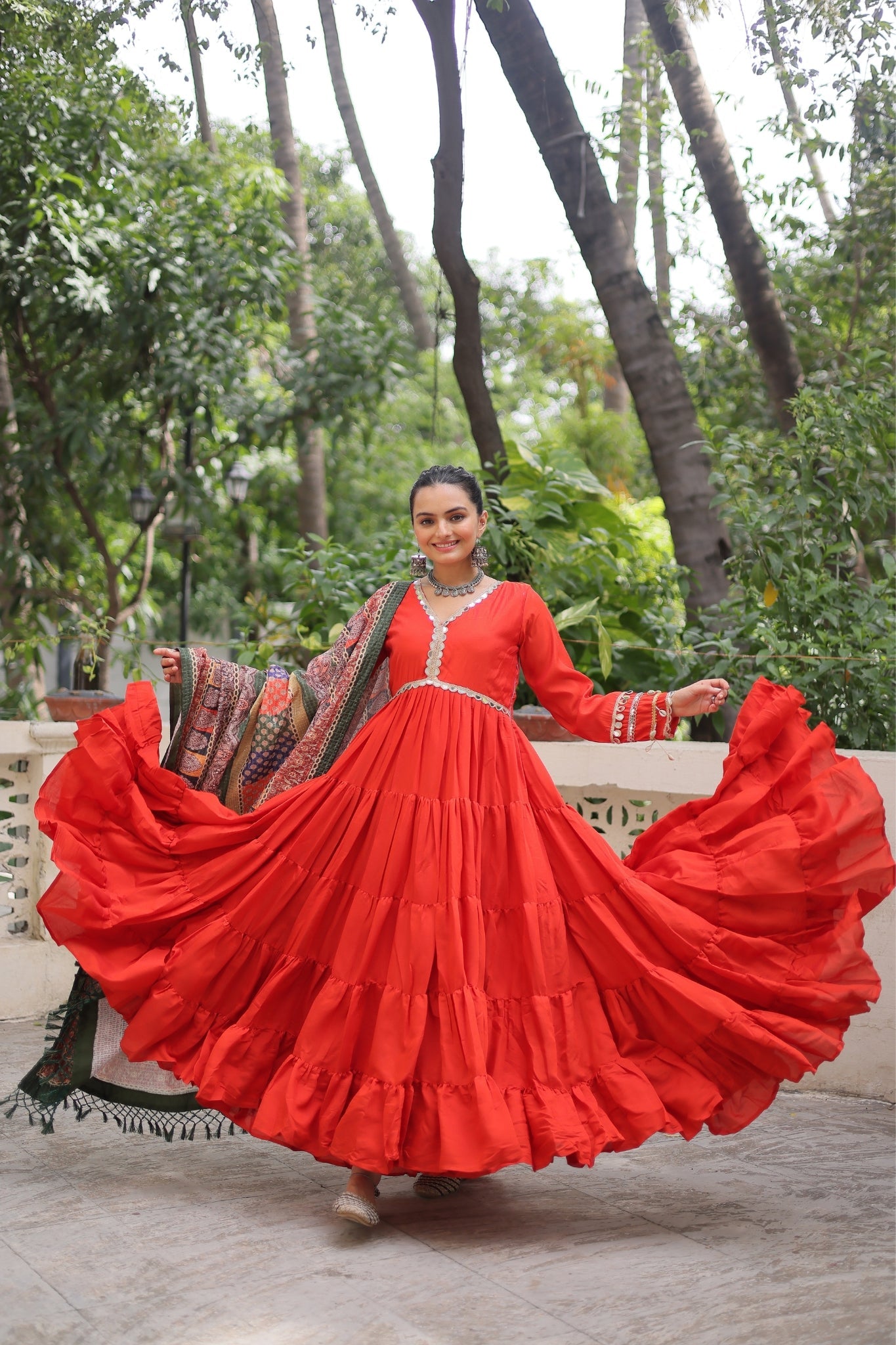 Beautiful Frill Stitching Designer Festival And Wedding Gown And Dupatta Set