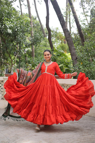 Beautiful Frill Stitching Designer Festival And Wedding Gown And Dupatta Set