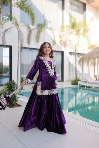 Royal Ice Velvet Zari And Mirror Embroidered Luxury Co Ord Set With Batwa