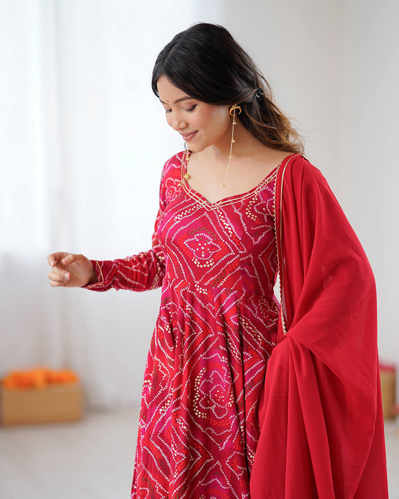 Dark Rani Pink Color Viscose Rayon Bandhej Print Anarkali Suit
