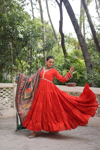 Beautiful Frill Stitching Designer Festival And Wedding Gown And Dupatta Set