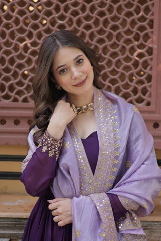 Festive Elegance Georgette Embroidered Zari Sequins Work Wedding Gown With Dupatta Set