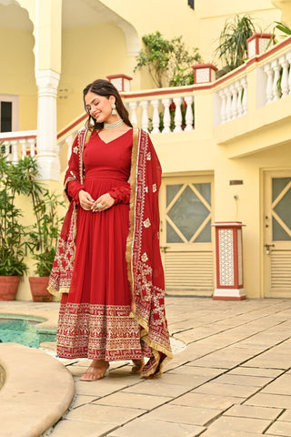 Red Embroidered Wedding Gown With Dupatta