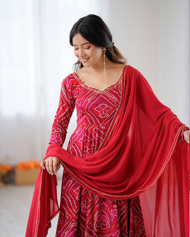 Dark Rani Pink Color Viscose Rayon Bandhej Print Anarkali Suit