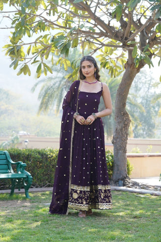 Round Neck Designer Readymade Embroidered Work Gown