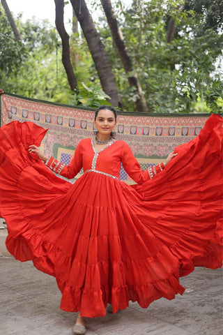 Beautiful Frill Stitching Designer Festival And Wedding Gown And Dupatta Set