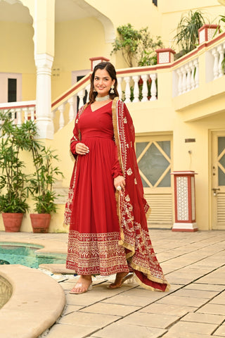 Red Embroidered Wedding Gown With Dupatta