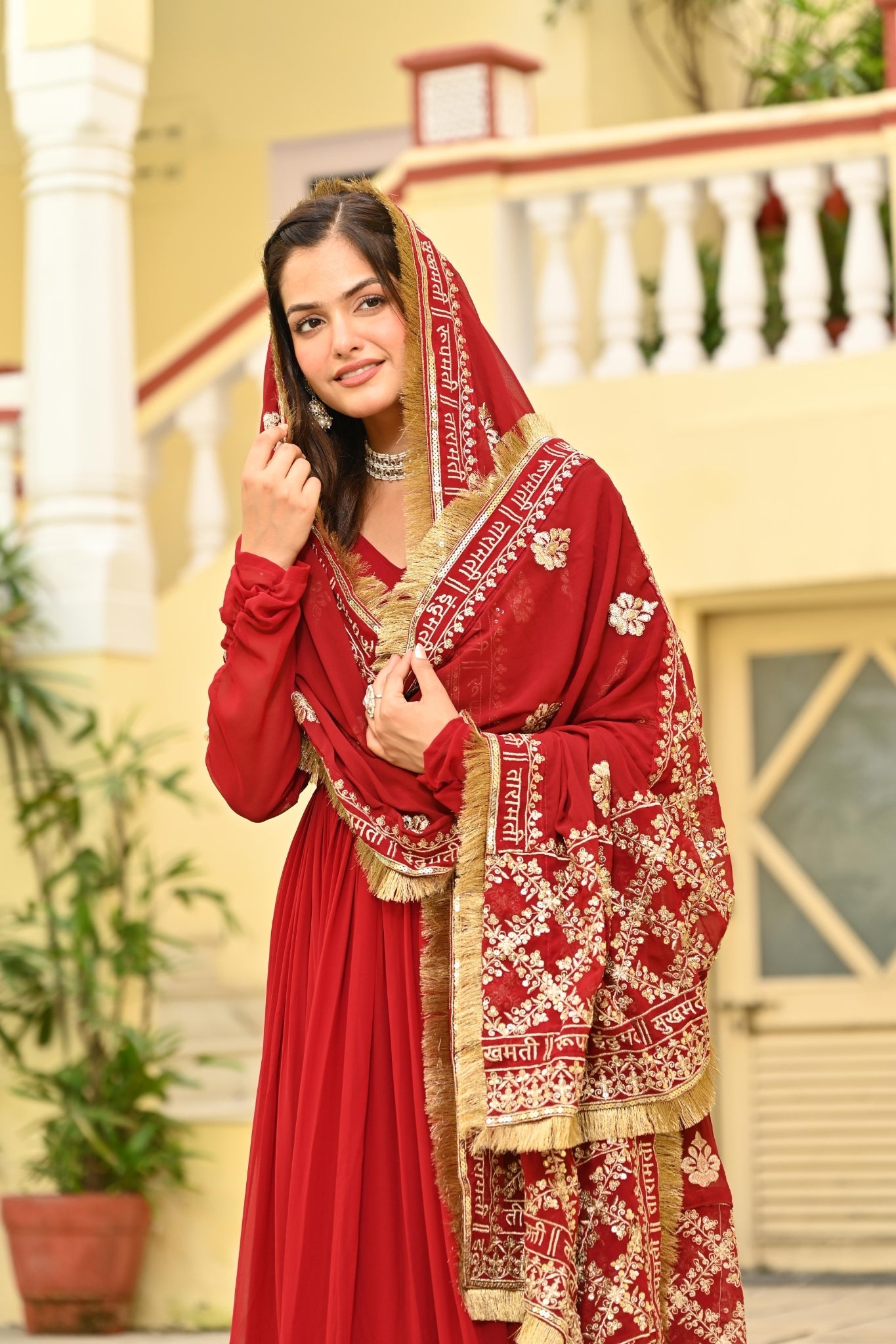 Red Embroidered Wedding Gown With Dupatta