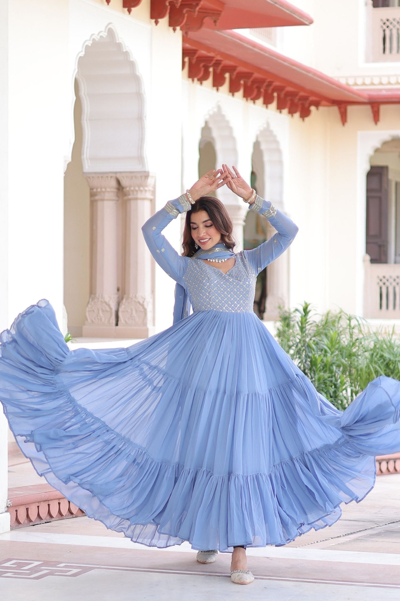 Designer Georgette Embroidered Gown Set With Sequins And Zari Work For Women