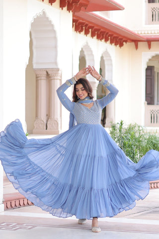 Designer Georgette Embroidered Gown Set With Sequins And Zari Work For Women