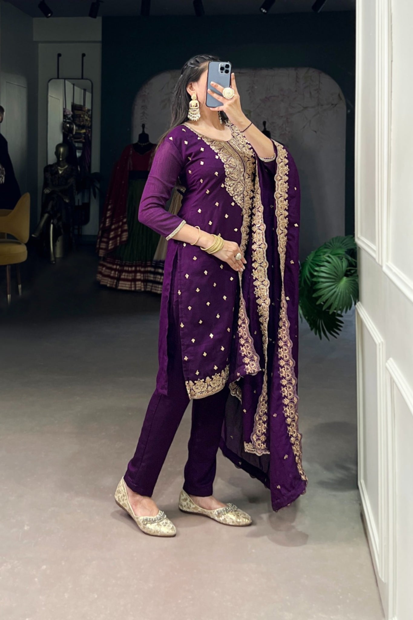 Vichitra Silk Embroidered Kurta With Dupatta & Bottom