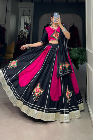 Pink And Black Pure Cotton Gamthi Work Chaniya Choli For Navratri