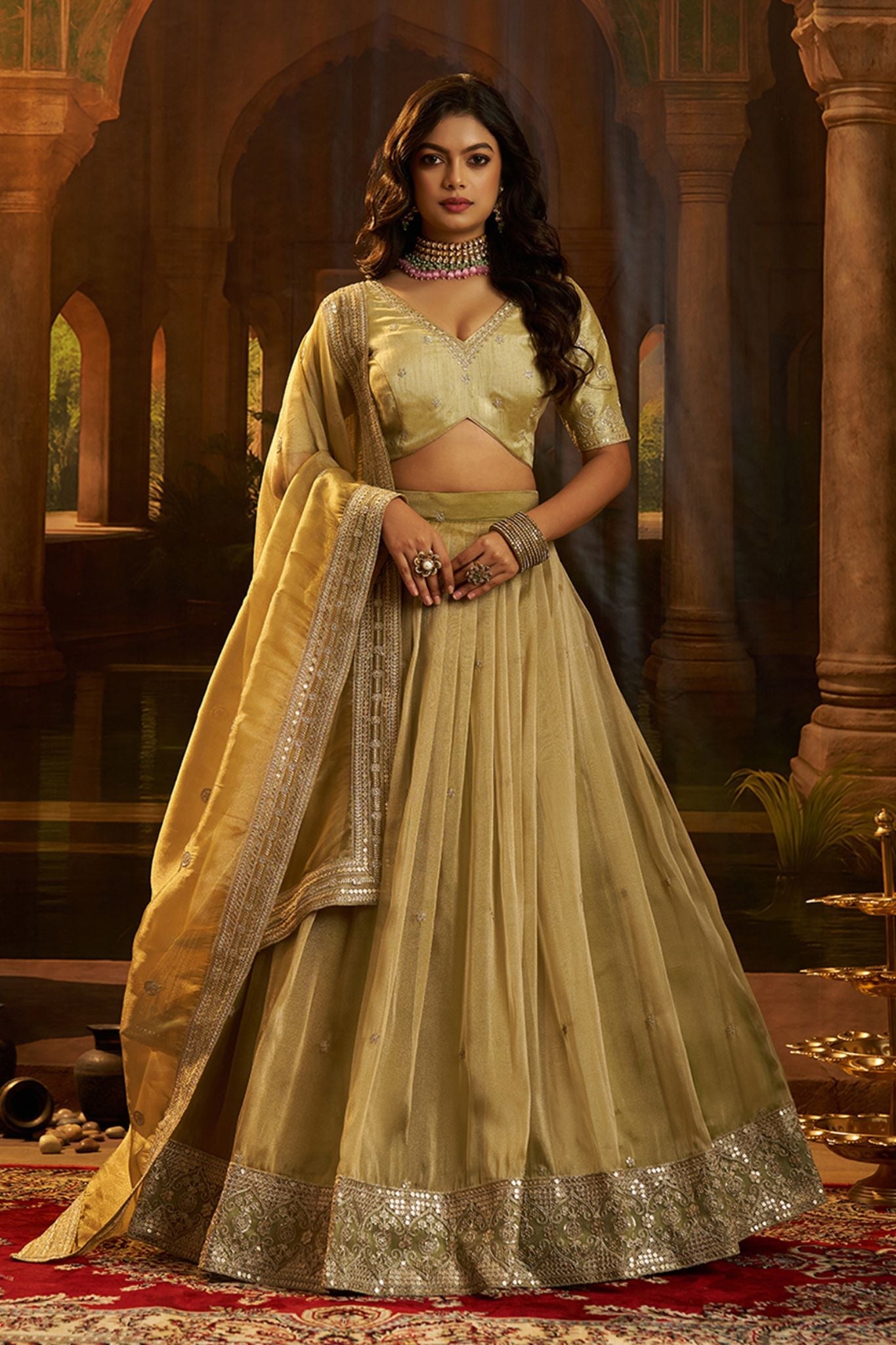 Premium Olive Green Hiranya Silk Lehenga Set Featuring Art Silk Blouse And Detailed Embroidered Dupatta
