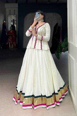 White Designer Original Mirror Gamthi Work Navratri Lehenga Choli