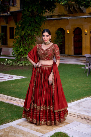 Red Orange Rangoli Crush Designer Sequins With Tread Embroidered Wedding Lehenga Choli