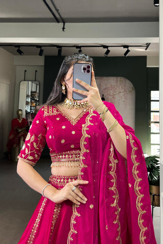 Luxury Natural Silk Pink Designer Sequins With Thread Embroidery Lehenga Set