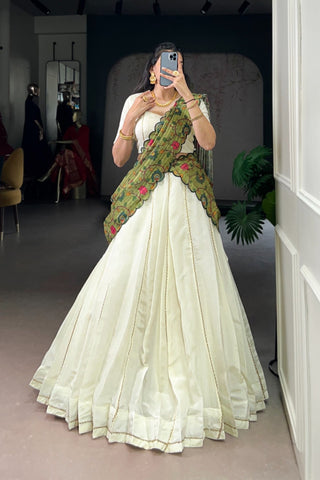 Ivory Kalamkari Handloom Kora Silk South Indian Lehenga Set