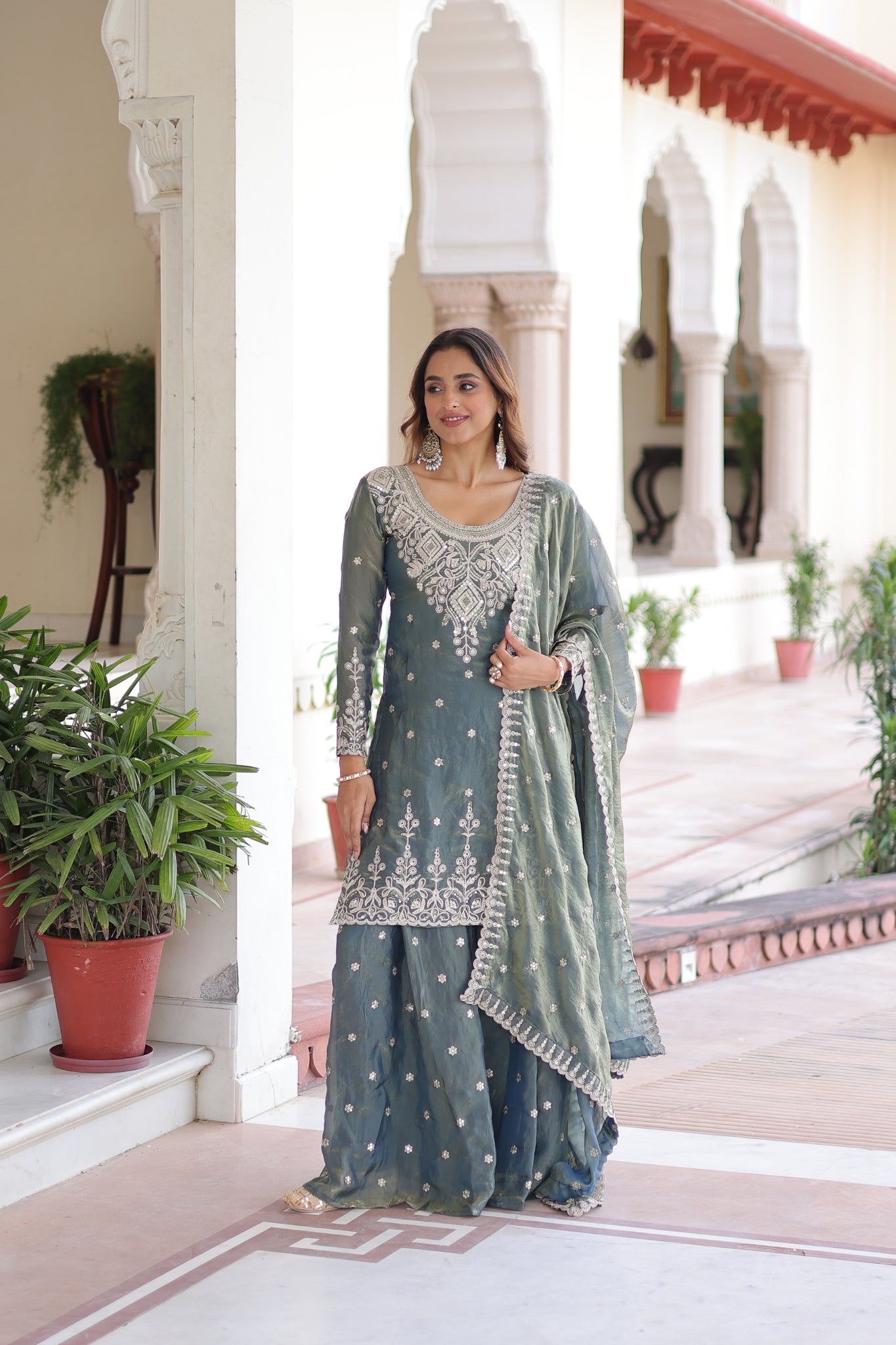 Designer Fendi Silk Kurti Sharara Set With Coding Sequins Embroidery