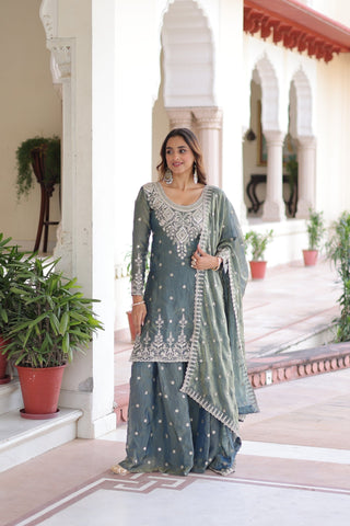 Designer Fendi Silk Kurti Sharara Set With Coding Sequins Embroidery