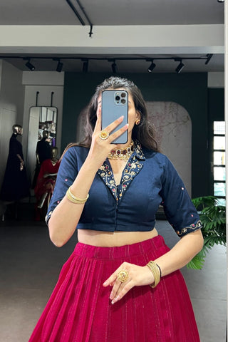 Ready-to-Wear Zari Woven Poly-Cotton Lehenga with Hand-Embroidered Cotton Blouse