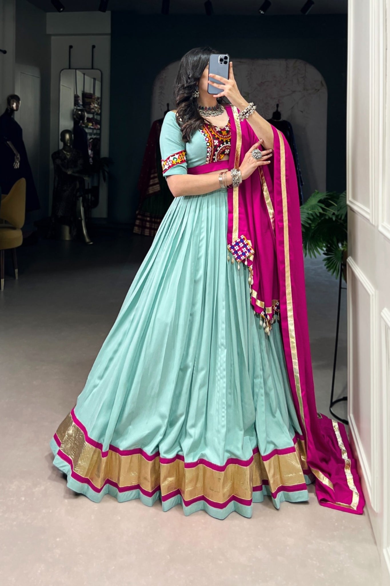 See Green Stunning Embossed Design Mirror Gamthi Work Readymade Navratri lehenga Choli