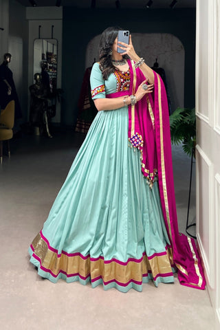 See Green Stunning Embossed Design Mirror Gamthi Work Readymade Navratri lehenga Choli