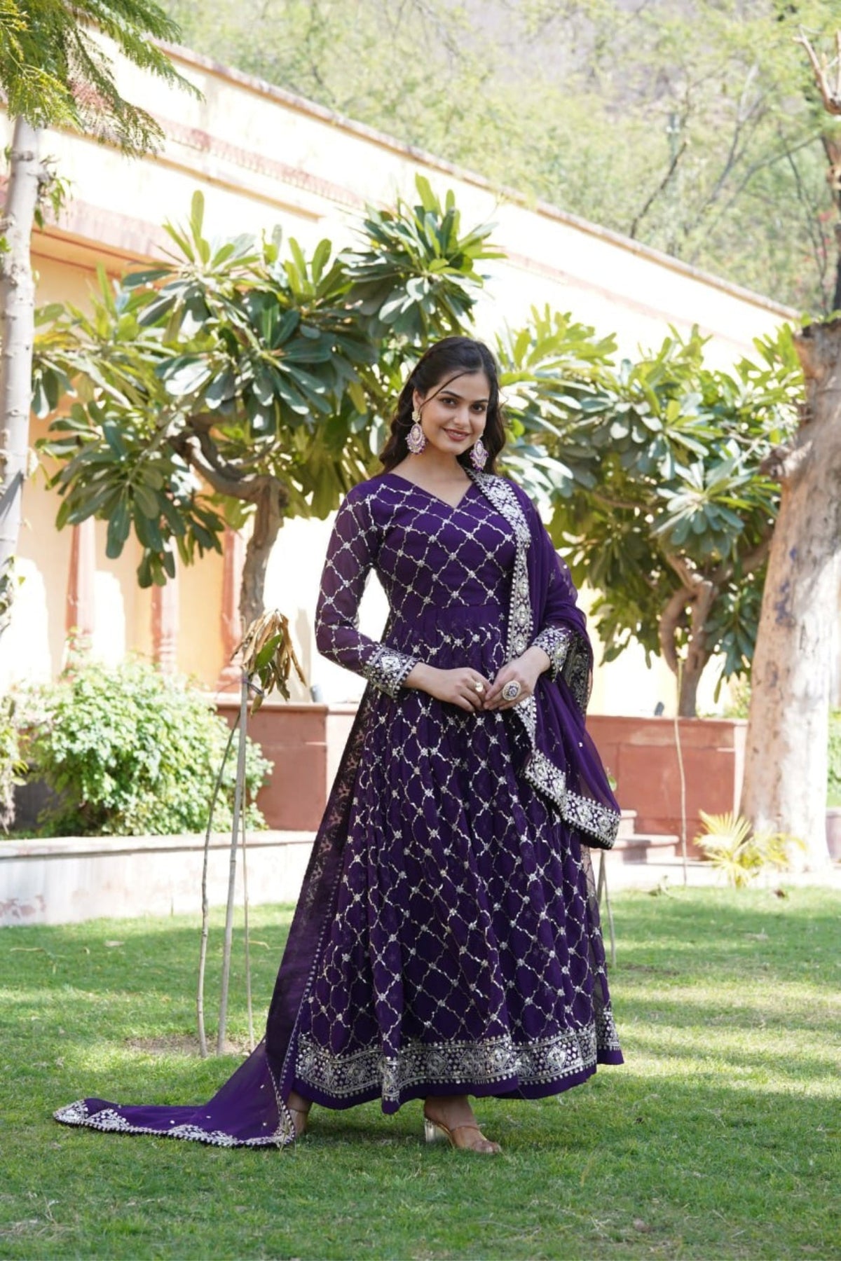 Purple Readymade Sequins Embroidered Work Gown With Dupatta Set