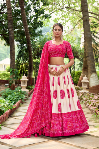 Pink Tasar Silk Bandhej Lehenga Choli Set With Dupatta
