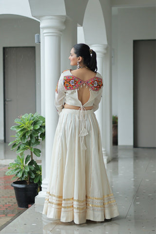 Off White Cotton Kutchi Gamthi Work With Gota Patti Lace Touch up Navratri Designer Lehenga choli