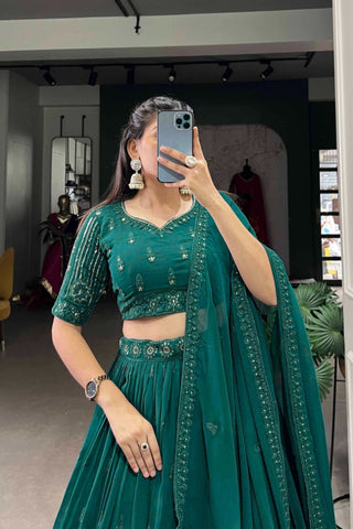 Blue Green Sequins With Thread Embroidery Work Wedding Lehenga Choli