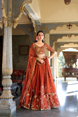 Rust & Gold Rangoli Silk Lehenga Choli Set With Dupatta