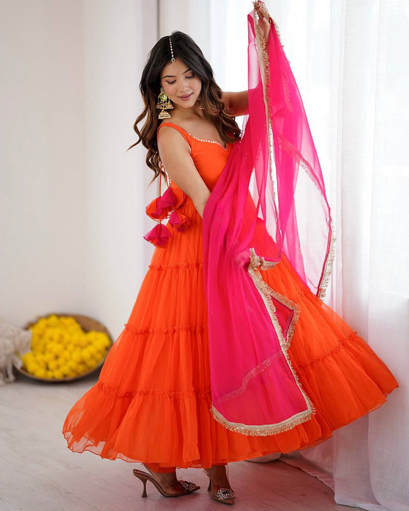 Orange Color Georgette Chiffon Three Piece Anarkali Suit
