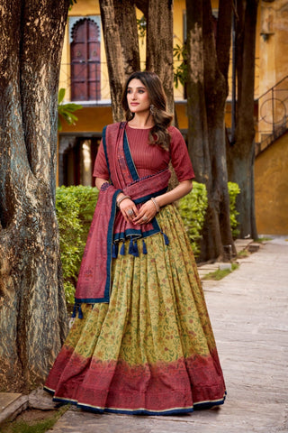 Heritage Inspired Vichitra Silk Printed Luxury Lehenga Set With Elegant Flare