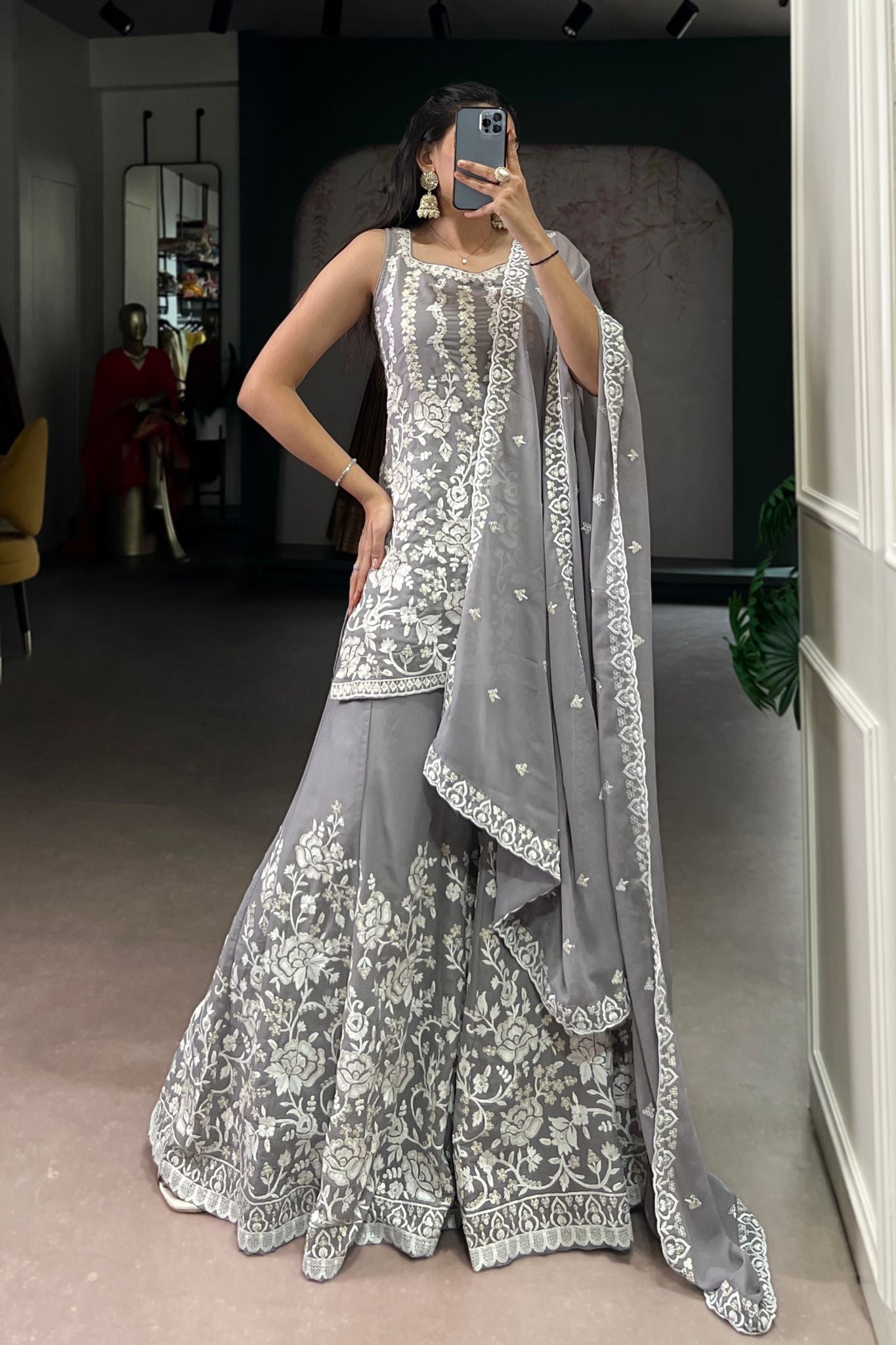 Designer Star Georgette Suit Sequins Thread Embroidery Work Set