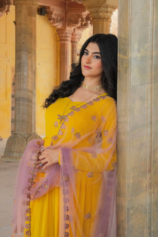 Radiant Yellow Embroidered Georgette Anarkali Gown With Contrasting Dupatta