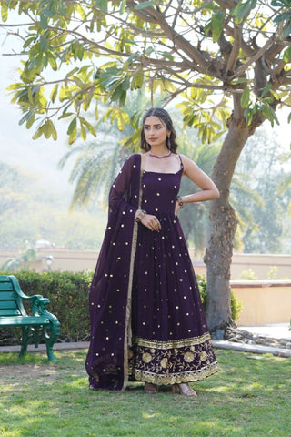 Round Neck Designer Readymade Embroidered Work Gown