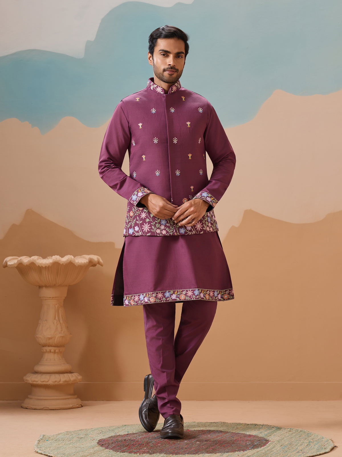 Wine Color Embroidered Kurta Jacket with Pant for Mens