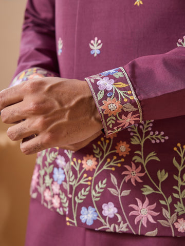 Wine Color Embroidered Kurta Jacket with Pant for Mens